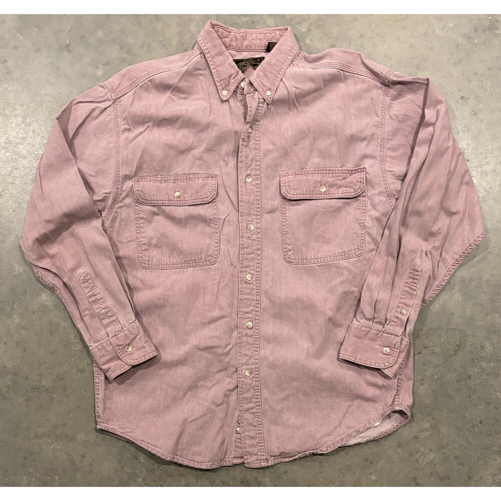 Vintage Eddie Bauer Denim Cotton Shirt Mens L Pink Long Sleeve Button Up